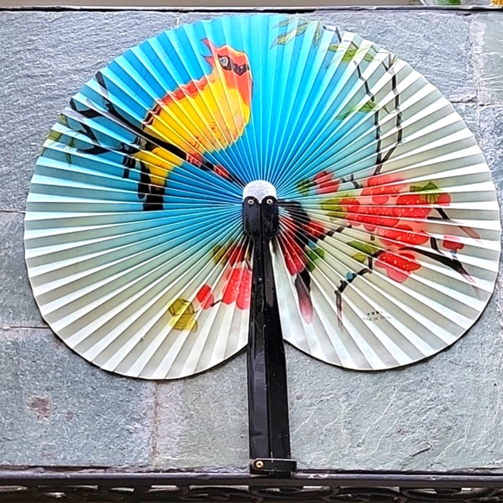Vintage 10" Asian Paper Folding Fan. Tropical Bird On Flowering Branch.